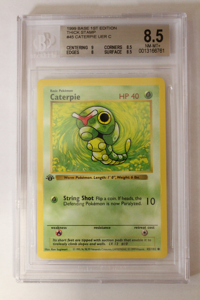 Caterpie (45/102) 1st Edition/Thick Stamp Uncorrected Error Common [Base Set (Shadowless)] Beckett 8.5