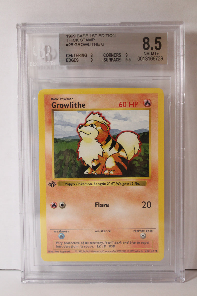 Growlithe (28/102) 1st Edition/Thick Stamp Uncommon [Base Set (Shadowless)] Beckett 8.5